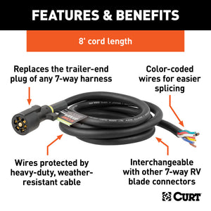 Curt 8ft Replacement 7-Way RV Blade Harness (Trailer Side)