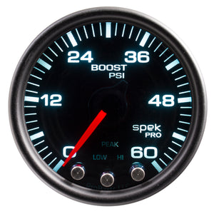 Autometer Spek-Pro Gauge Boost 2 1/16in 60psi Stepper Motor W/Peak & Warn Blk/Smoke/Black