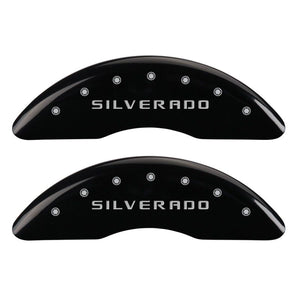 MGP 4 Caliper Covers Engraved Front & Rear Silverado Black finish silver ch