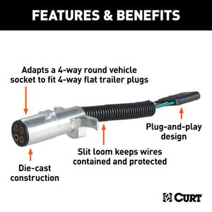 Curt Electrical Adapter (4-Way Round Vehicle to 4-Way Flat Trailer Packaged)