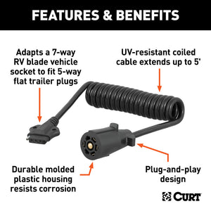 Curt 5ft Electrical Adapter Harness (7-Way RV Blade Vehicle to 5-Way Flat Trailer)