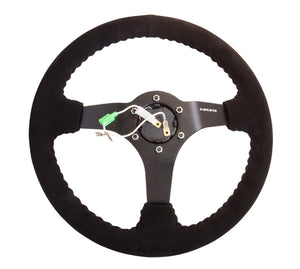 NRG Reinforced Steering Wheel (350mm / 3in. Deep) Blk Suede w/Blk BBall Stitch (Odi Bakchis Edition)