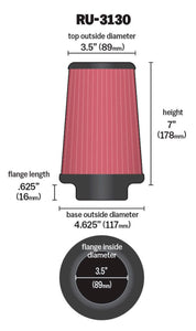 K&N Filter Universal Rubber Filter 3 1/2 inch Flange 4 5/8 inch Base 3 1/2 inch Top 7 inch Height