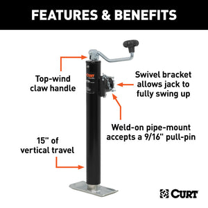 Curt Pipe-Mount Swivel Jack w/Top Handle (5000lbs 15in Travel)