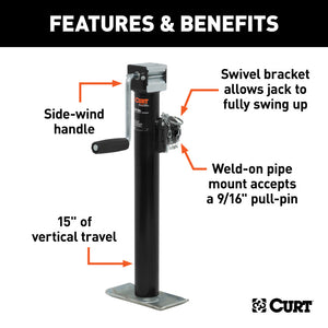 Curt Pipe-Mount Swivel Jack w/Side Handle (2000lbs 15in Travel)