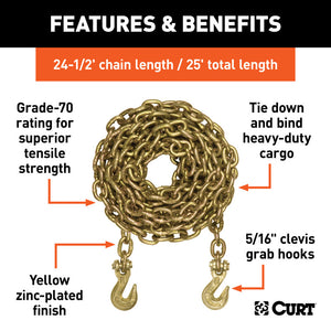 Curt 25ft Transport Binder Safety Chain w/2 Clevis Hooks (18800lbs Yellow Zinc)