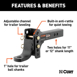 Curt Adjustable Channel Mount w/1in Ball Hole (2in Shank 6000lbs 6-3/4in Drop)