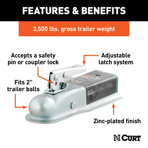 Curt 2in Straight-Tongue Coupler w/Posi-Lock (2-1/2in Channel 3500lbs Zinc)