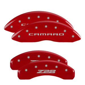 MGP 4 Caliper Covers Engraved Front Gen 5/Camaro Engraved Rear Gen 5/Z28 Red finish silver ch