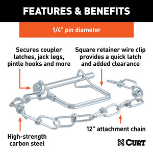 Curt 1/4in Safety Pin w/12in Chain (2-3/4in Pin Length Packaged)