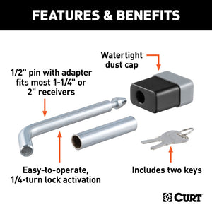 Curt 1/2in Hitch Lock w/5/8in Adapter (1-1/4in or 2in Receiver Deadbolt Chrome)