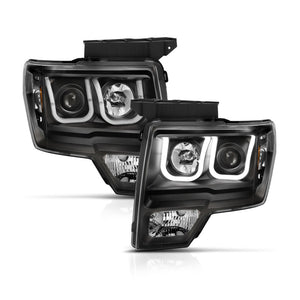 ANZO 2009-2014 Ford F-150 Projector Headlights w/ U-Bar Switchback Black w/ Amber