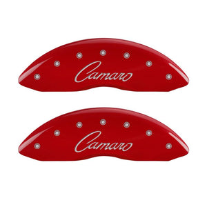 MGP 4 Caliper Covers Engraved Front & Rear Cursive/Camaro Red finish silver ch