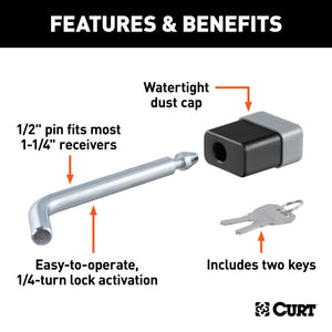 Curt 1/2in Hitch Lock (1-1/4in Receiver Deadbolt Chrome)