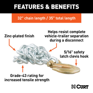 Curt 35in Safety Chain w/1 Clevis Hook (11700lbs Clear Zinc)