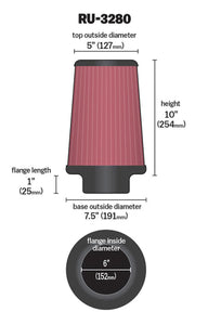 K&N Filter Universal Rubber Filter 6 inch Flange 7.5 inch Base 5 inch Top 10 inch Height