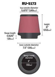 K&N Universal Clamp-On Air Filter 6in FLG / 7-1/2in B / 5-7/8in T / 6in H