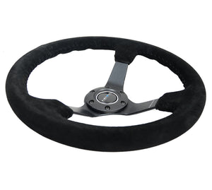 NRG Reinforced Steering Wheel (350mm / 3in. Deep) Blk Suede/Blk Bball Stitch w/5mm Matte Black Spoke