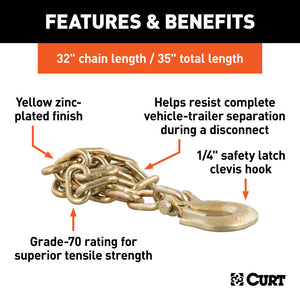 Curt 35in Safety Chain w/1 Clevis Hook (12600lbs Yellow Zinc)