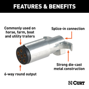 Curt 6-Way Round Connector Plug (Trailer Side Diecast Metal)