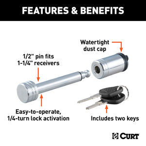 Curt 1/2in Hitch Lock (1-1/4in Receiver Barbell Chrome)