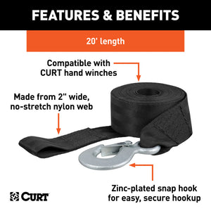 Curt 20ft Winch Strap w/Snap Hook (1100lbs)