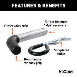 Curt 1/2in Hitch Pin (1-1/4in Receiver Zinc w/Rubber Grip Packaged)