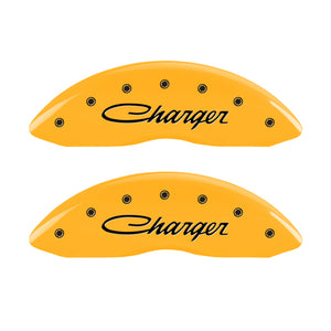 MGP 4 Caliper Covers Engraved Front & Rear Cursive/Charger Yellow finish black ch