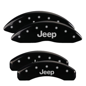 MGP 4 Caliper Covers Engraved Front & Rear 11-18 Jeep Grand Cherokee Black Finish Silver Jeep Logo