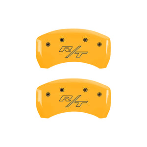 MGP 4 Caliper Covers Engrvd Front Block/Challenger Engrvd Rear Vintage Style/RT Yellow fnsh Blk ch