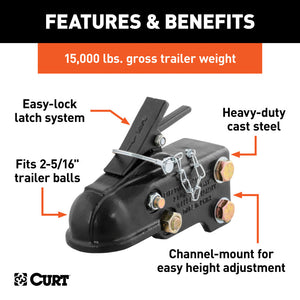 Curt 2-5/16in Channel-Mount Coupler w/Easy-Lock (15000lbs Black)