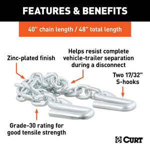 Curt 48in Safety Chain w/2 S-Hooks (7000lbs Clear Zinc)