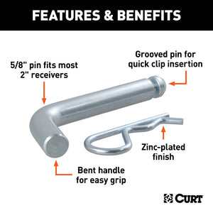 Curt 5/8in Hitch Pin w/Groove (2in Receiver Zinc Packaged)