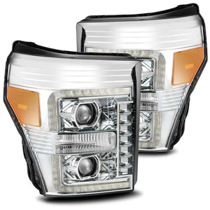 AlphaRex 11-16 Ford F-350 SD LUXX LED Proj Headlights Plank Style Chrm w/Activ Light/Seq Signal/DRL