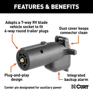 Curt Adapter w/Alarm (7-Way RV Blade to 6-Way Round Trailer Center Pin Auxiliary)