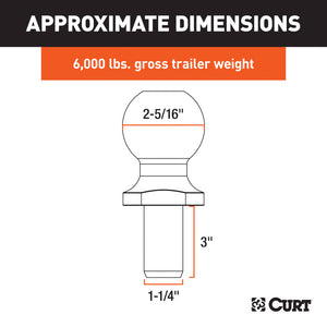 Curt 2-5/16in Trailer Ball (1-1/4in x 3in Shank 6000lbs Chrome)