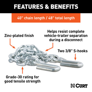 Curt 48in Safety Chain w/2 S-Hooks (2000lbs Clear Zinc)