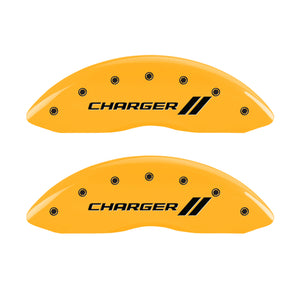 MGP 4 Caliper Covers Engraved Front & Rear With stripes/Charger Yellow finish black ch