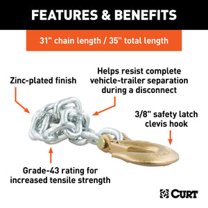 Curt 35in Safety Chain w/1 Clevis Hook (16200lbs Yellow Zinc)