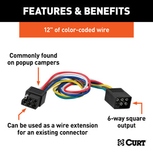 Curt 6-Way Square Connector Plug & Socket w/12in Wires (Packaged)