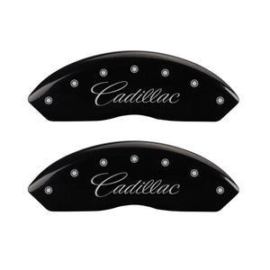 MGP 4 Caliper Covers Engraved F & R Cursive/Cadillac Black Finish Silver Char 2017 Cadillac XT5