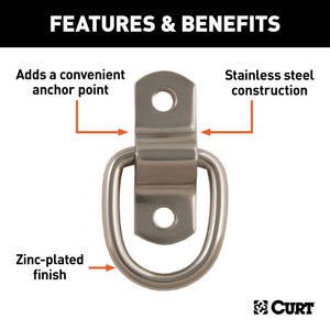 Curt 1in x 1-1/4in Surface-Mounted Tie-Down D-Ring (1200lbs Stainless)