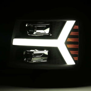 AlphaRex 07-13 Chevy 1500 LUXX LED Proj Headlights Plank Style Jet Blk w/ Activ Light/Seq Signal/DRL
