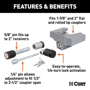 Curt Hitch & Coupler Lock Set (2in Receiver 1/2in to 2-1/2in Latch 1-7/8in & 2in Lip)