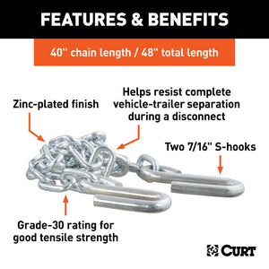 Curt 48in Safety Chain w/2 S-Hooks (5000lbs Clear Zinc)