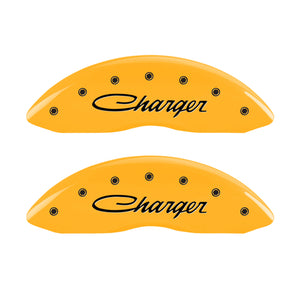 MGP 4 Caliper Covers Engraved Front & Rear 05-10 Dodge Charger R/T Yellow Finish Black Cursive Logo