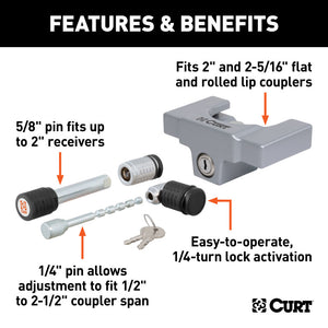 Curt Hitch & Coupler Lock Set (2in Receiver 1/2in to 2-1/2in Latch 2in & 2-1/2in Lip)