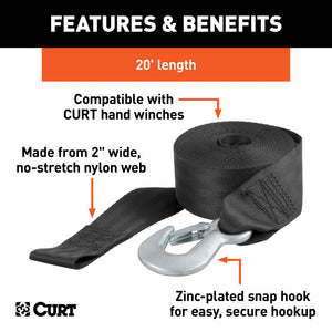 Curt 20ft Winch Strap w/Snap Hook (1333lbs)