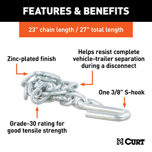 Curt 27in Safety Chain w/1 S-Hook (2000lbs Clear Zinc)