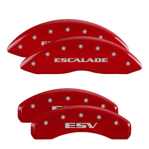 MGP 4 Caliper Covers Engraved Front Escalade Engraved Rear ESV Red finish silver ch